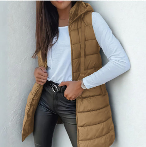Savenora | Lange Steppweste mit Hoodie