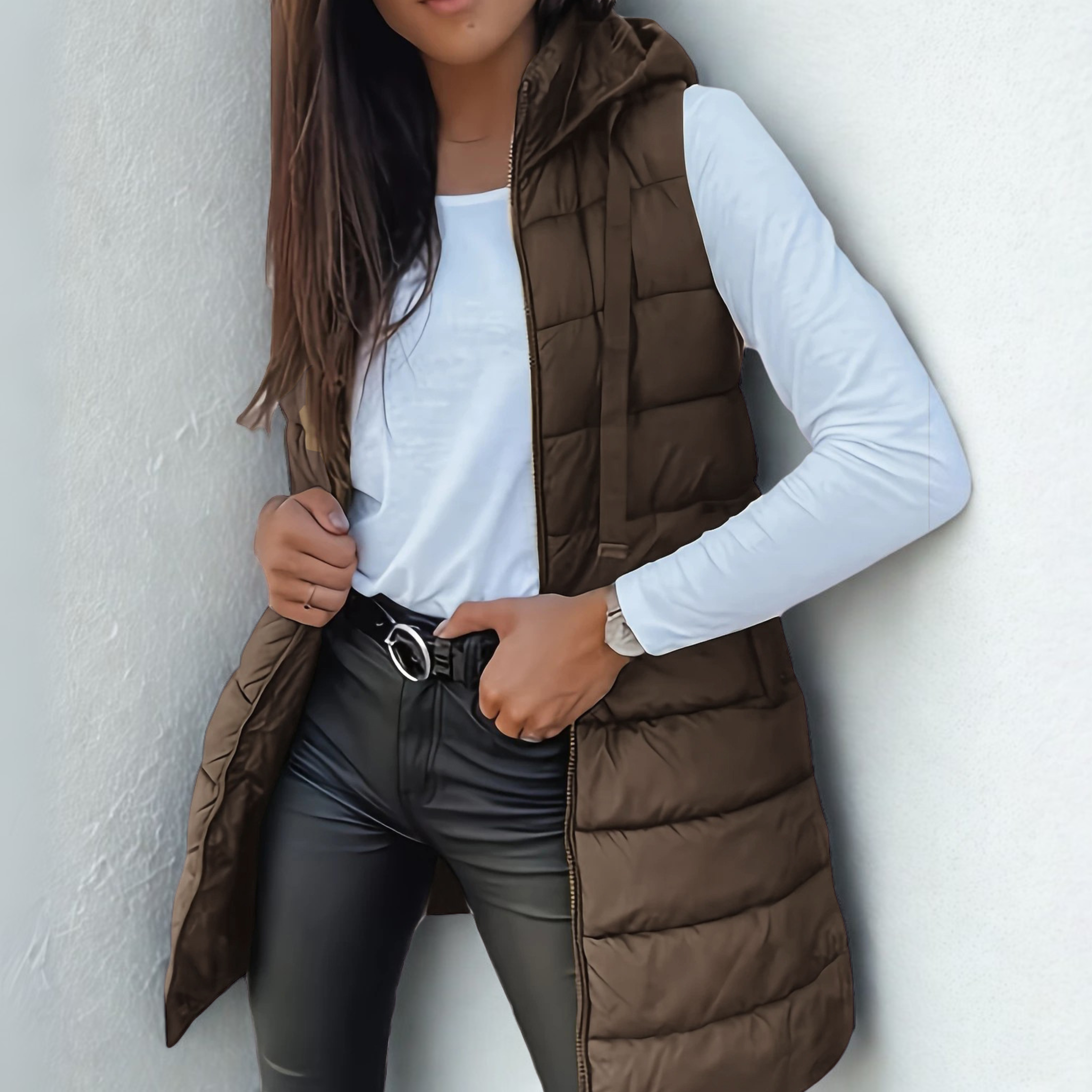 Savenora | Lange Steppweste mit Hoodie