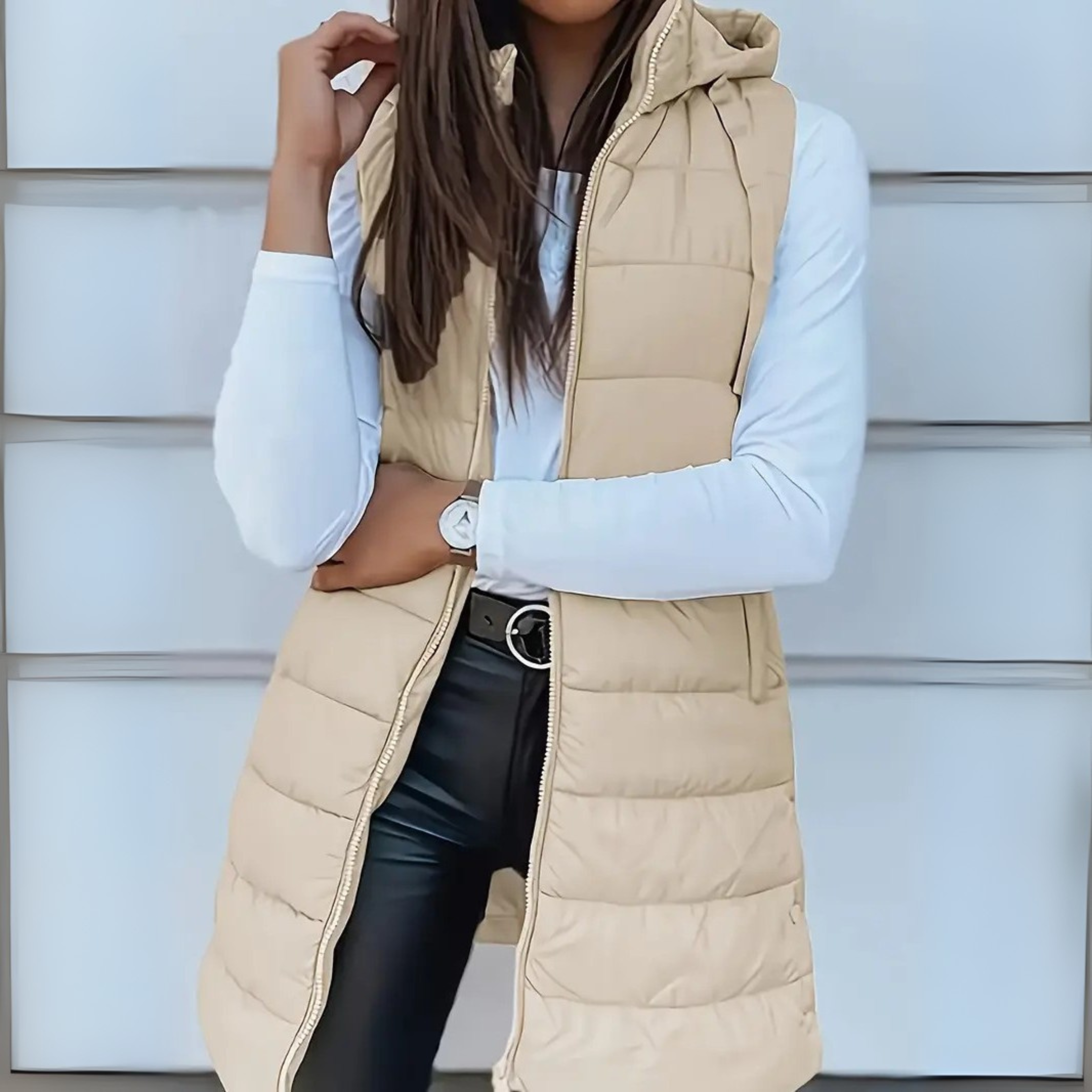Savenora | Lange Steppweste mit Hoodie