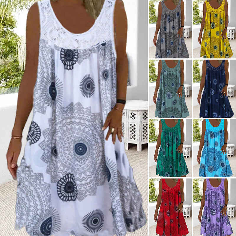 Breezia™ – Damen Ärmelloses Sommerkleid mit Print und Spitzenakzenten