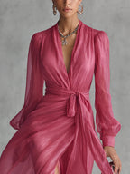 Beatrice | Elegantes Langkleid aus Chiffon mit V-Ausschnitt und Taillengürtel