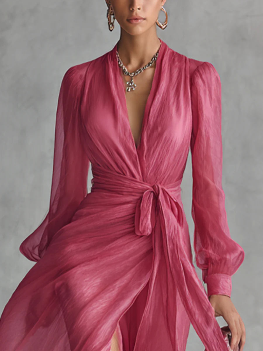 Beatrice | Elegantes Langkleid aus Chiffon mit V-Ausschnitt und Taillengürtel