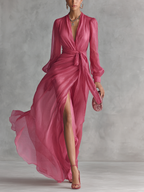 Beatrice | Elegantes Langkleid aus Chiffon mit V-Ausschnitt und Taillengürtel