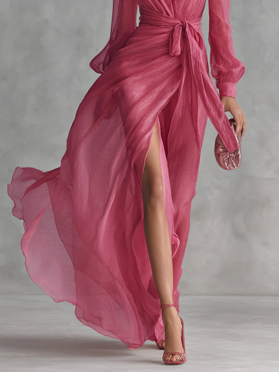 Beatrice | Elegantes Langkleid aus Chiffon mit V-Ausschnitt und Taillengürtel