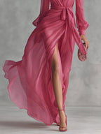 Beatrice | Elegantes Langkleid aus Chiffon mit V-Ausschnitt und Taillengürtel