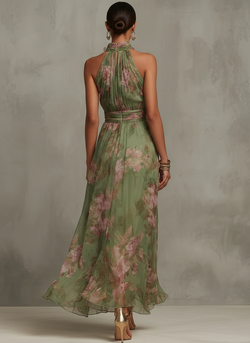 Florenz | Grünes Chiffon-Maxikleid mit floralem Halterdesign