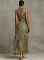 Florenz | Grünes Chiffon-Maxikleid mit floralem Halterdesign