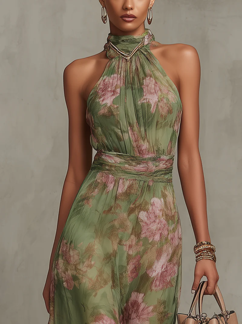 Florenz | Grünes Chiffon-Maxikleid mit floralem Halterdesign