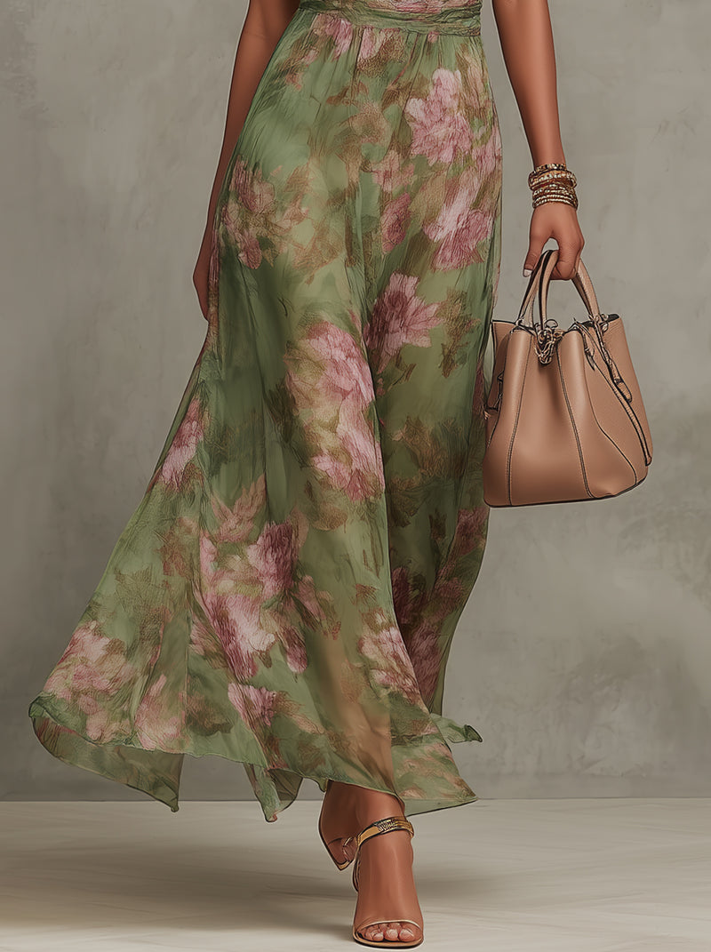 Florenz | Grünes Chiffon-Maxikleid mit floralem Halterdesign