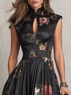 Patricia | Schwarzes Satin-Midikleid mit Falten und Blumenmuster