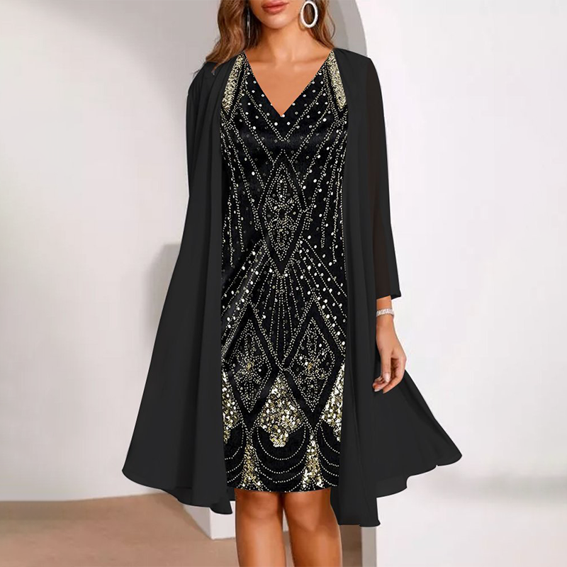 Elvara™ - Damen Zweiteiliges Set mit V-Ausschnitt-Kleid und passendem langen, transparenten Mantel