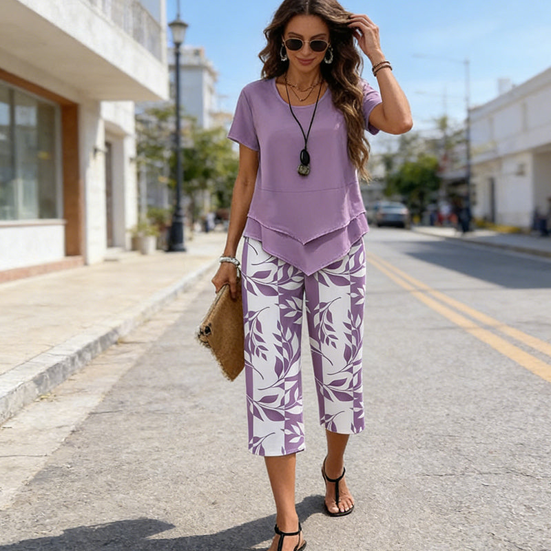 Savenora | Zweiteiliges Set mit asymmetrischem Top und bedruckter Hose